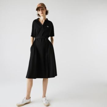 Lacoste V-neck Fitted Flowy Piqué Polo Dress Dámské - Šaty Černé | CZ-YbmDpF